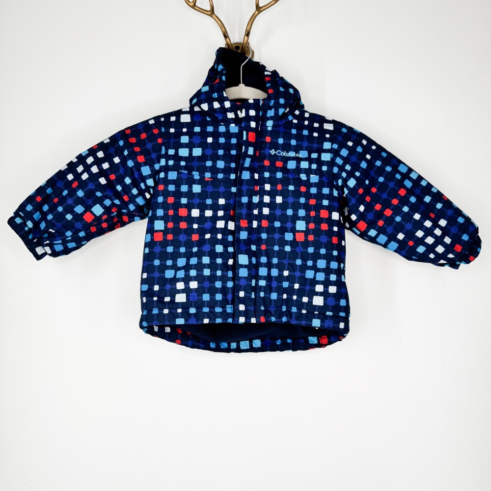 Columbia Zip Up Hooded Jacket Blue Plaid Square Pattern Fleece Lined Size 18-24M